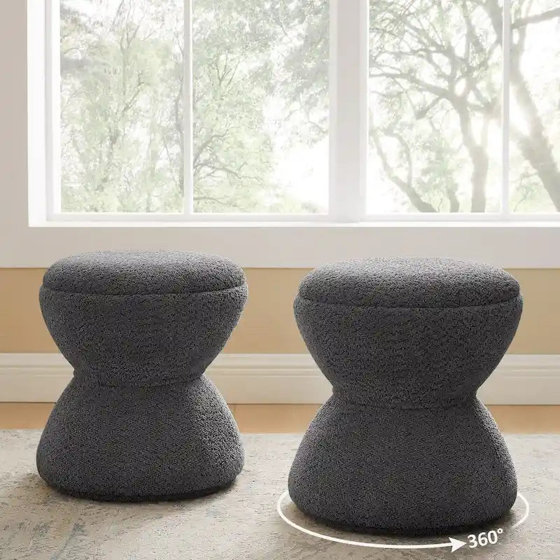 Pouf Rotondo Girevole in Bouclé, Stile Tamburo, Posto a Sedere per 1, Set da 2