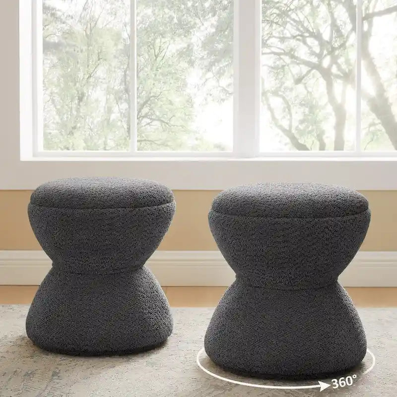 Pouf Rotondo Girevole in Bouclé, Stile Tamburo, Posto a Sedere per 1, Set da 2