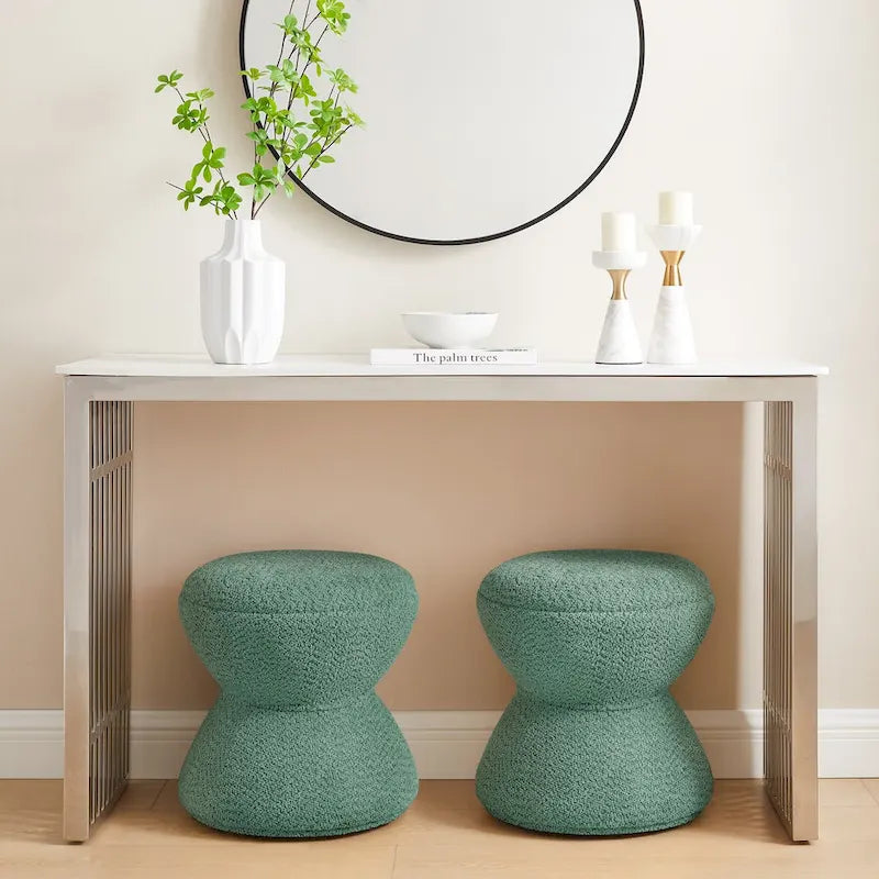 Pouf Rotondo Girevole in Bouclé, Stile Tamburo, Posto a Sedere per 1, Set da 2
