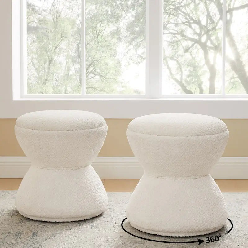 Pouf Rotondo Girevole in Bouclé, Stile Tamburo, Posto a Sedere per 1, Set da 2