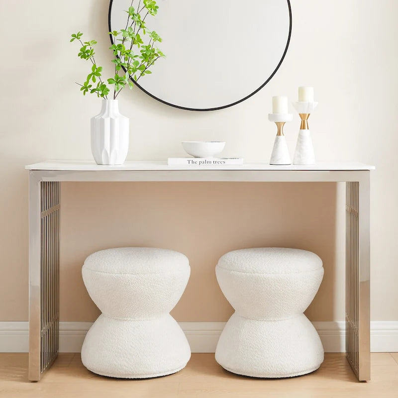 Pouf Rotondo Girevole in Bouclé, Stile Tamburo, Posto a Sedere per 1, Set da 2