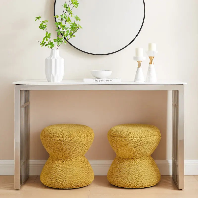 Pouf Rotondo Girevole in Bouclé, Stile Tamburo, Posto a Sedere per 1, Set da 2