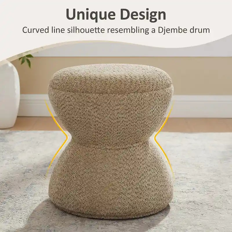 Pouf Rotondo Girevole in Bouclé, Stile Tamburo, Posto a Sedere per 1, Set da 2