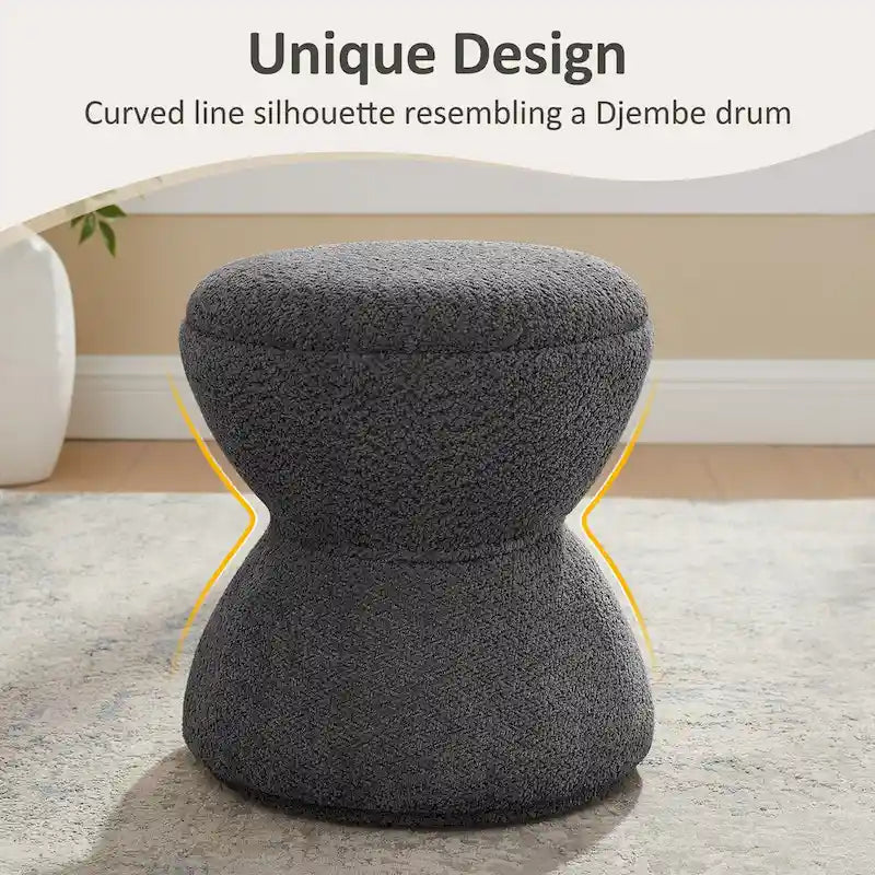 Pouf Rotondo Girevole in Bouclé, Stile Tamburo, Posto a Sedere per 1, Set da 2