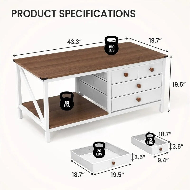 Tavolino da Caffè Bianco con 4 Cassetti Contenitori, Piano in MDF, Posti a Sedere 1–2