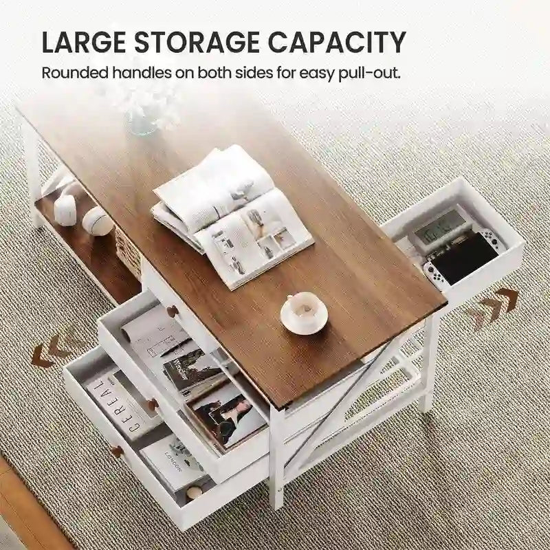 Tavolino da Caffè Bianco con 4 Cassetti Contenitori, Piano in MDF, Posti a Sedere 1–2