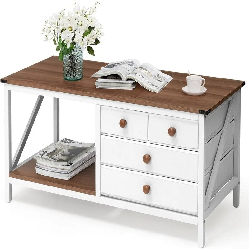 Tavolino da Caffè Bianco con 4 Cassetti Contenitori, Piano in MDF, Posti a Sedere 1–2