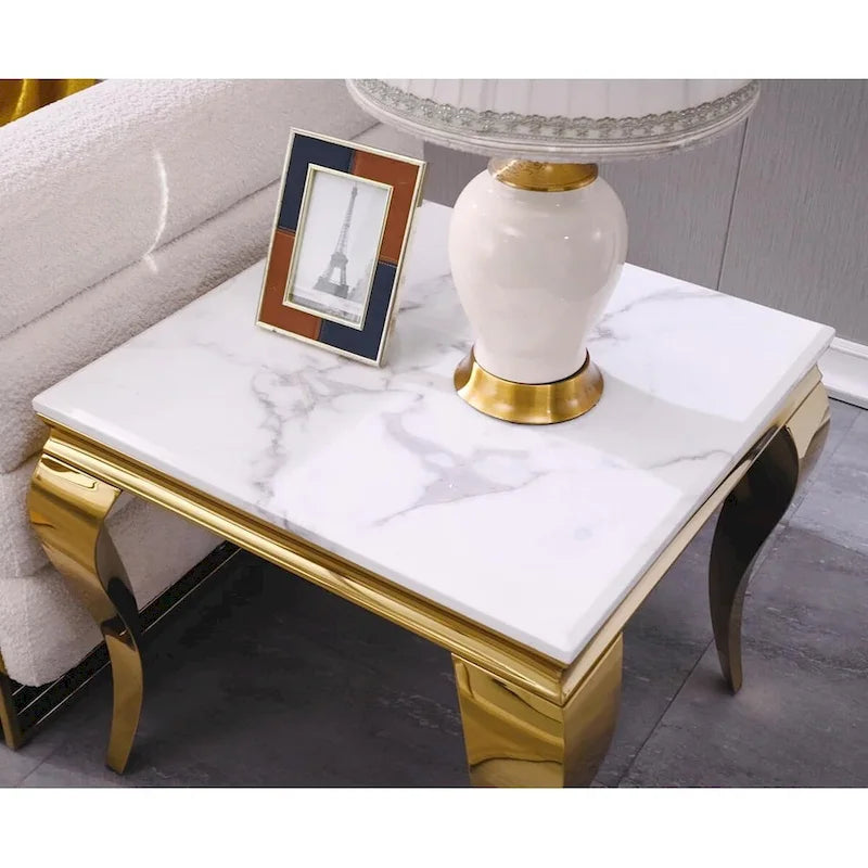 Tavolino Bianco e Oro – Piano Lucido, Gambe a Sciabola, 1 o 2 Pezzi