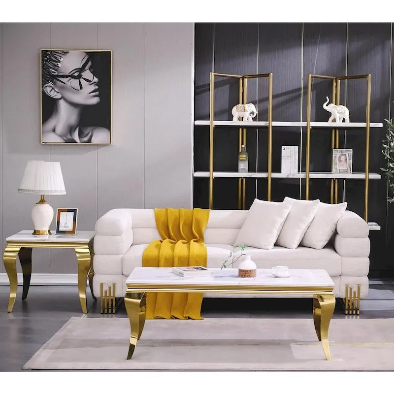 Tavolino Bianco e Oro – Piano Lucido, Gambe a Sciabola, 1 o 2 Pezzi