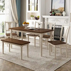 Set da pranzo per 6 persone stile rustico bianco – Tavolo, 4 sedie e panca