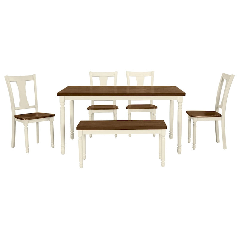Set da pranzo per 6 persone stile rustico bianco – Tavolo, 4 sedie e panca