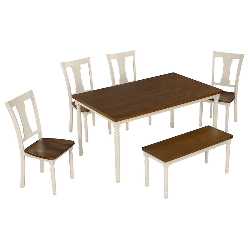 Set da pranzo per 6 persone stile rustico bianco – Tavolo, 4 sedie e panca