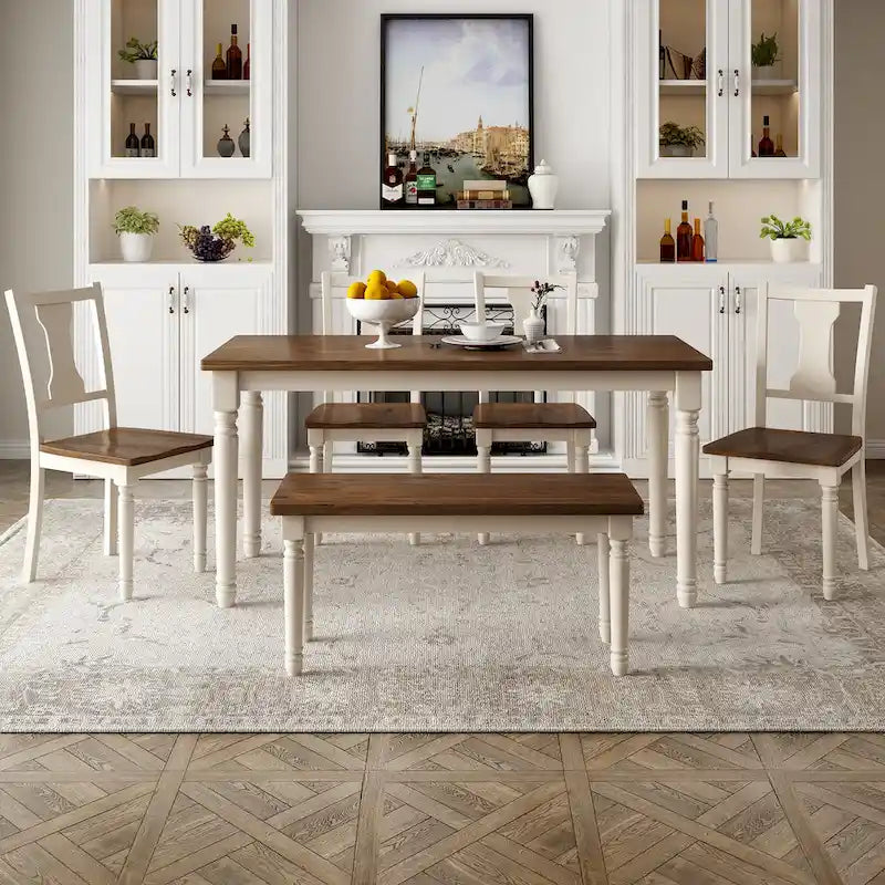 Set da pranzo per 6 persone stile rustico bianco – Tavolo, 4 sedie e panca