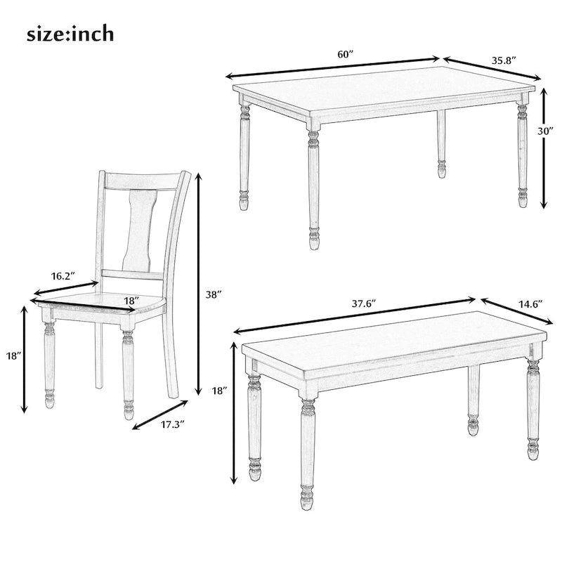 Set da pranzo per 6 persone stile rustico bianco – Tavolo, 4 sedie e panca