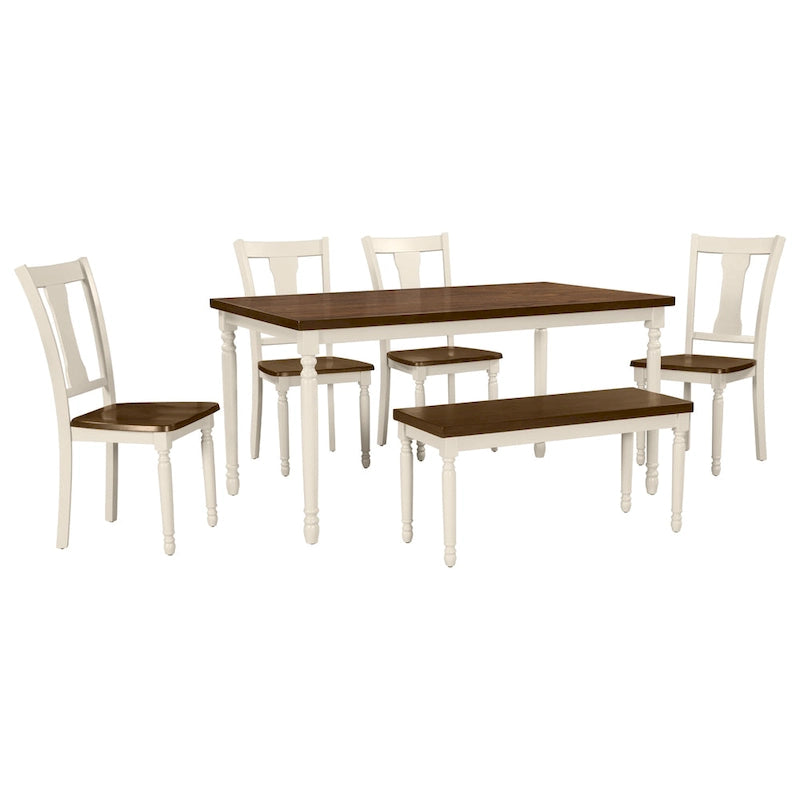 Set da pranzo per 6 persone stile rustico bianco – Tavolo, 4 sedie e panca