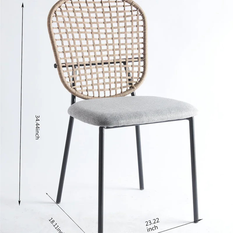Sedia da pranzo con struttura in metallo e schienale in rattan grigio, set da 4