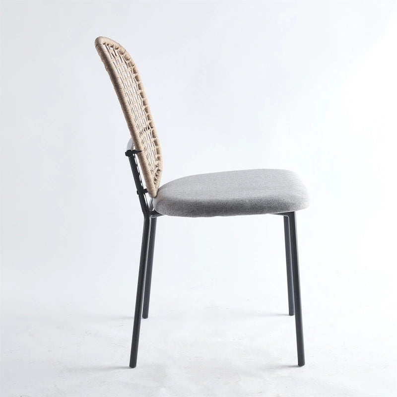 Sedia da pranzo con struttura in metallo e schienale in rattan grigio, set da 4