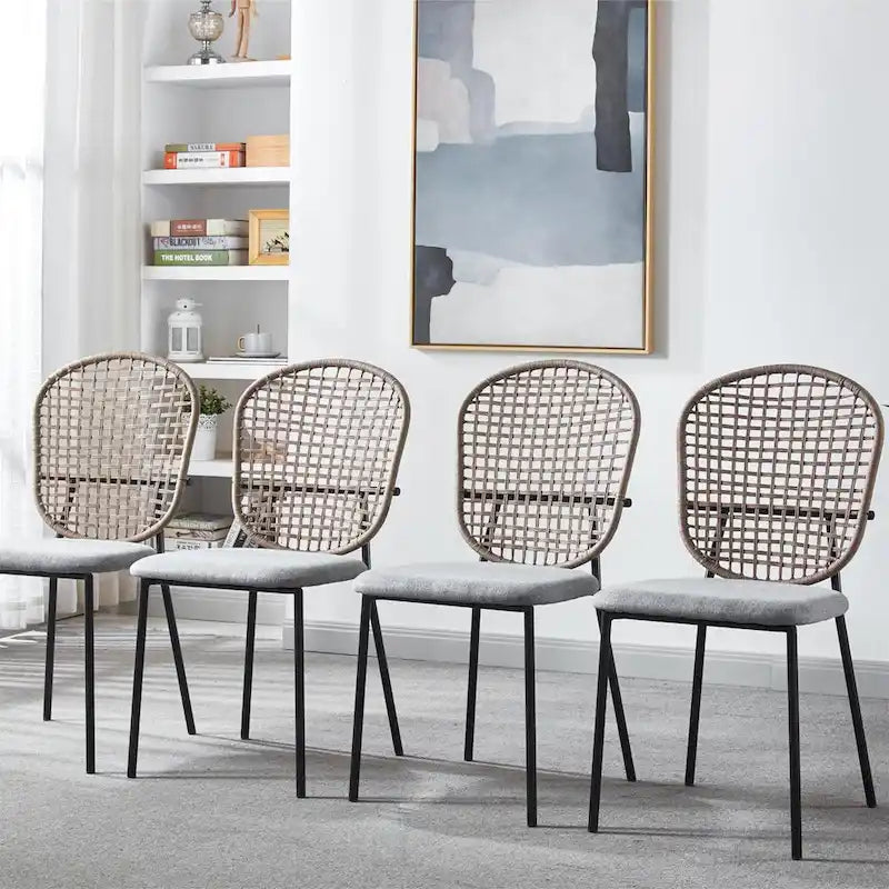 Sedia da pranzo con struttura in metallo e schienale in rattan grigio, set da 4