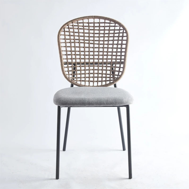 Sedia da pranzo con struttura in metallo e schienale in rattan grigio, set da 4