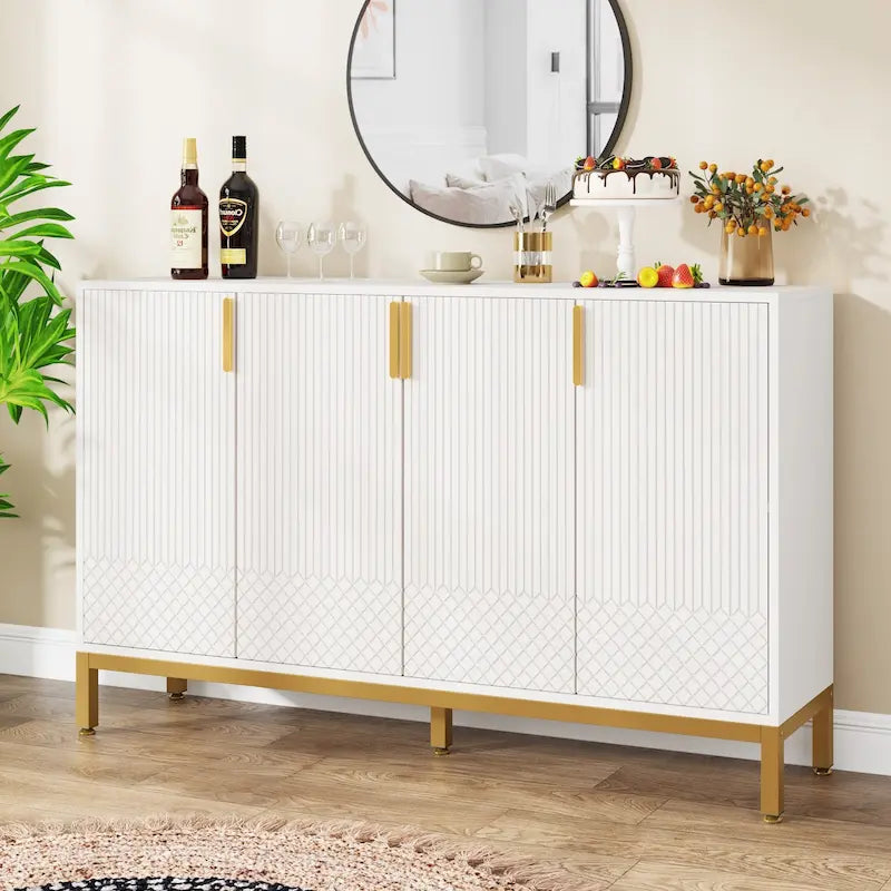 Credenza bianca a 4 ante con maniglie dorate, 150 cm