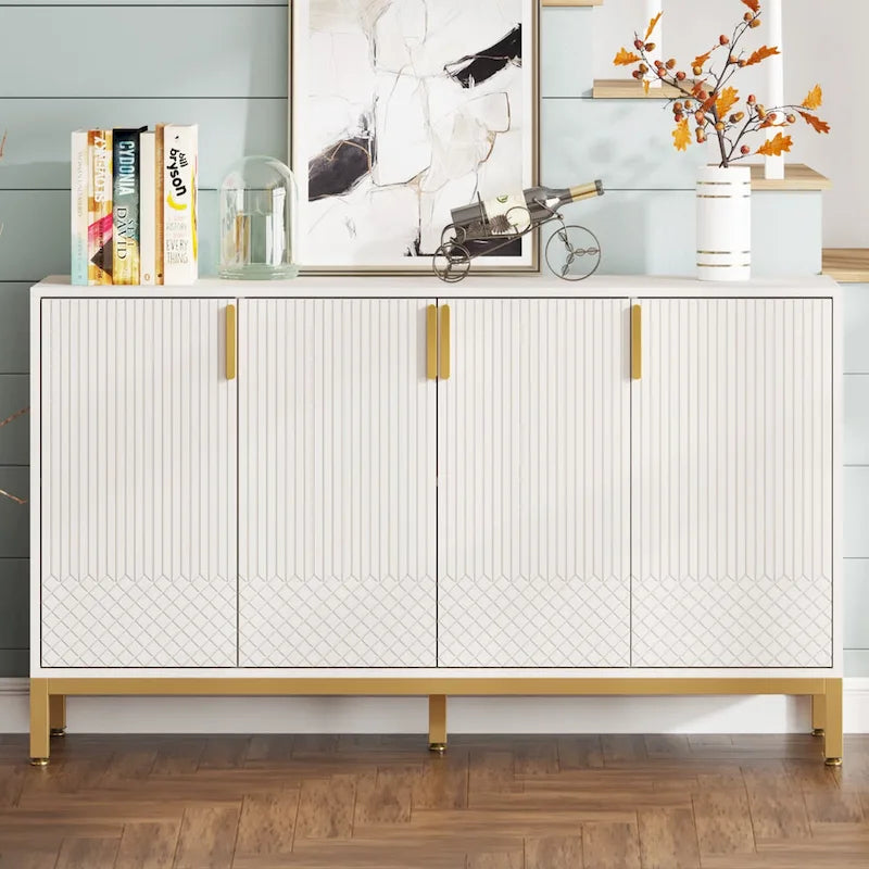 Credenza bianca a 4 ante con maniglie dorate, 150 cm