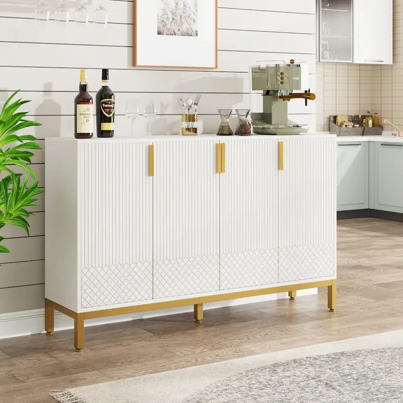 Credenza bianca a 4 ante con maniglie dorate, 150 cm