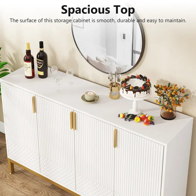 Credenza bianca a 4 ante con maniglie dorate, 150 cm