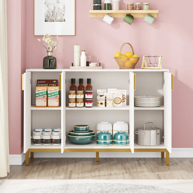 Credenza bianca a 4 ante con maniglie dorate, 150 cm