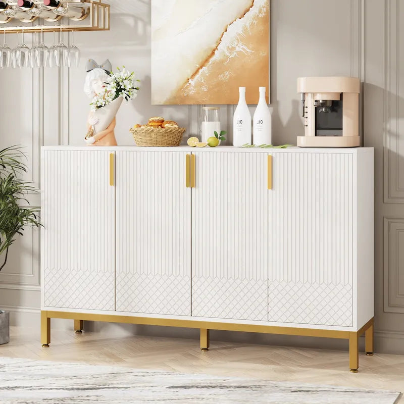 Credenza bianca a 4 ante con maniglie dorate, 150 cm