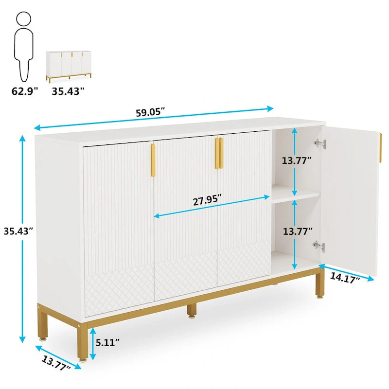 Credenza bianca a 4 ante con maniglie dorate, 150 cm