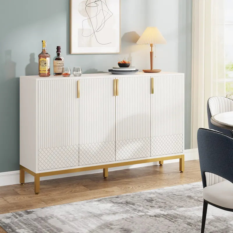 Credenza bianca a 4 ante con maniglie dorate, 150 cm