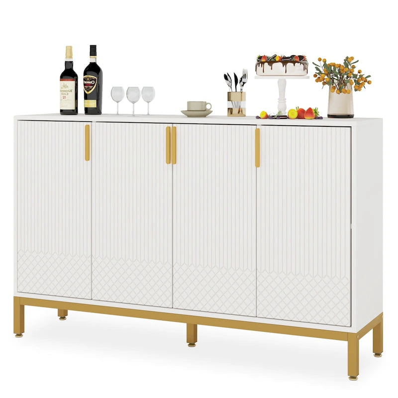 Credenza bianca a 4 ante con maniglie dorate, 150 cm