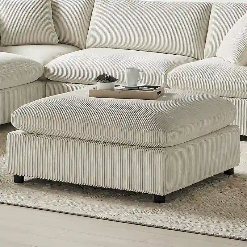 Pouf quadrato imbottito – Beige e antracite, velluto a coste e tessuto