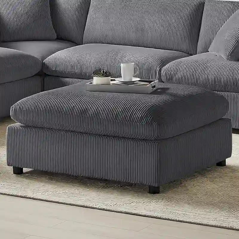 Pouf quadrato imbottito – Beige e antracite, velluto a coste e tessuto