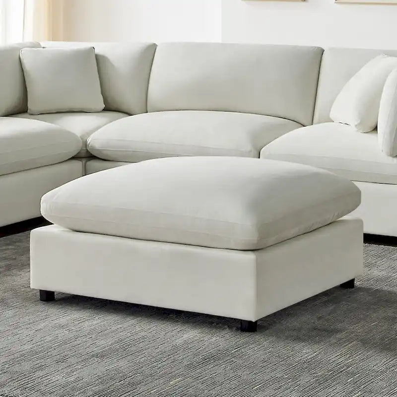 Pouf quadrato imbottito – Beige e antracite, velluto a coste e tessuto