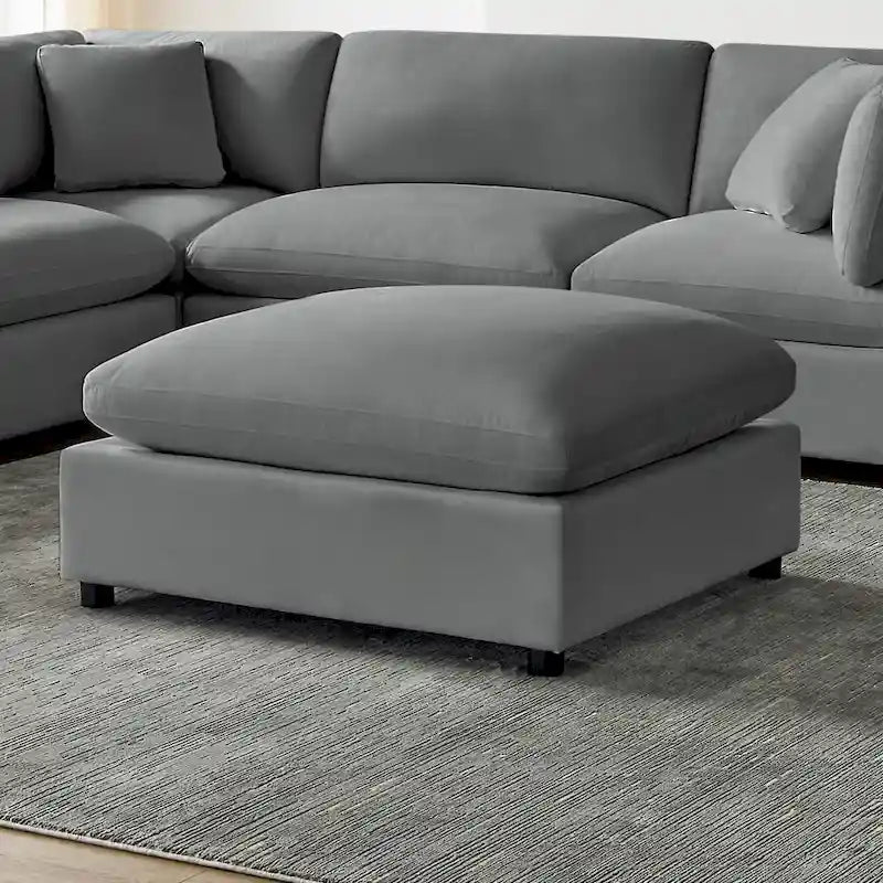 Pouf quadrato imbottito – Beige e antracite, velluto a coste e tessuto