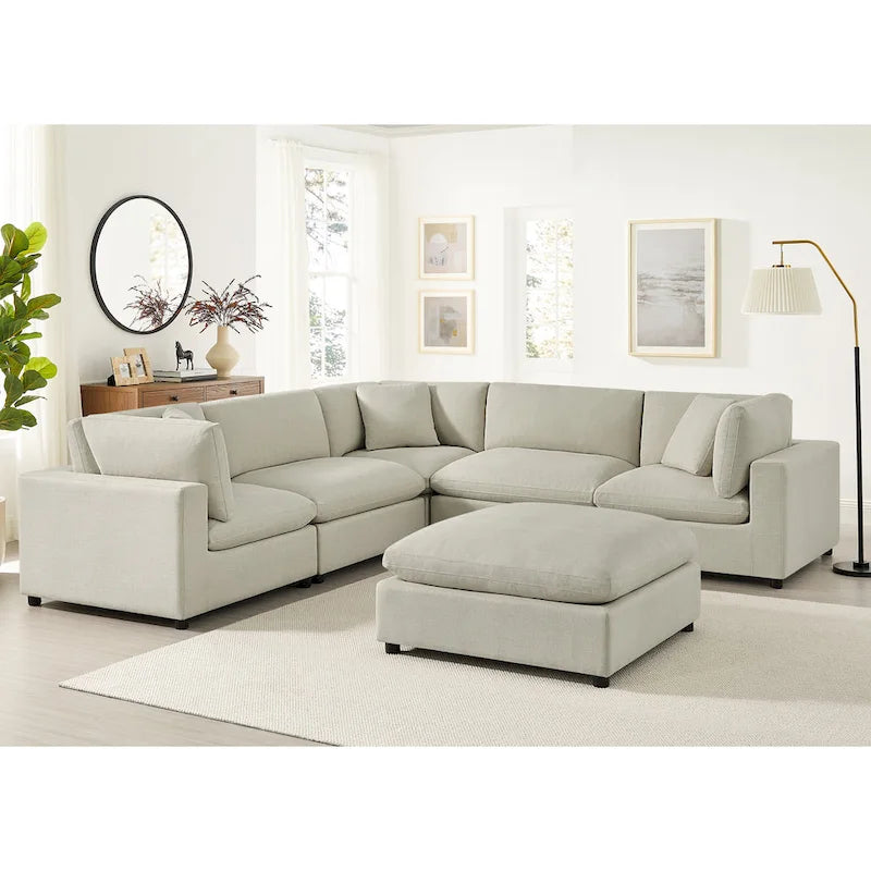 Pouf quadrato imbottito – Beige e antracite, velluto a coste e tessuto