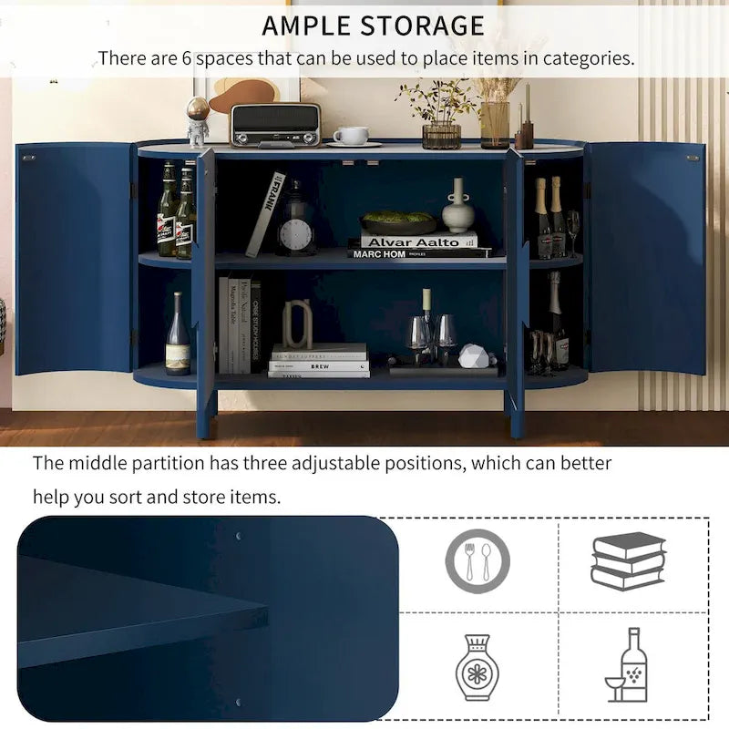 Credenza a frontale curvo bianca/grigia/blu con ripiani regolabili, montaggio a 1 persona