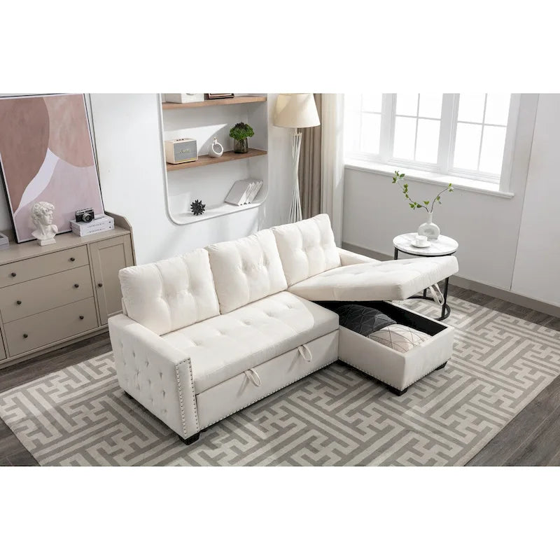 Divano letto componibile a 2 posti a L in velluto beige con chaise longue contenitore