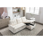 Divano letto componibile a 2 posti a L in velluto beige con chaise longue contenitore