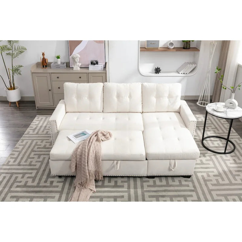 Divano letto componibile a 2 posti a L in velluto beige con chaise longue contenitore