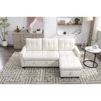 Divano letto componibile a 2 posti a L in velluto beige con chaise longue contenitore