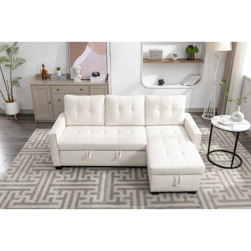 Divano letto componibile a 2 posti a L in velluto beige con chaise longue contenitore