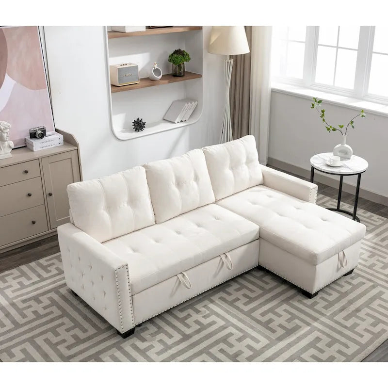 Divano letto componibile a 2 posti a L in velluto beige con chaise longue contenitore