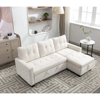 Divano letto componibile a 2 posti a L in velluto beige con chaise longue contenitore
