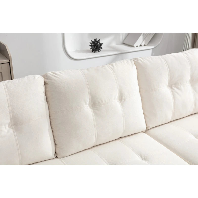 Divano letto componibile a 2 posti a L in velluto beige con chaise longue contenitore