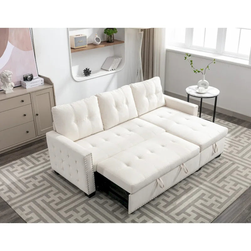 Divano letto componibile a 2 posti a L in velluto beige con chaise longue contenitore