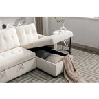 Divano letto componibile a 2 posti a L in velluto beige con chaise longue contenitore