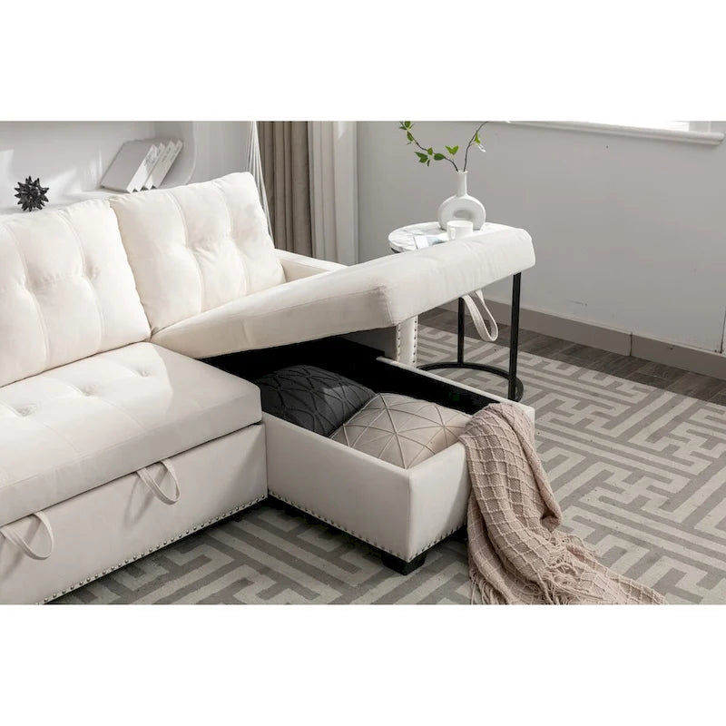 Divano letto componibile a 2 posti a L in velluto beige con chaise longue contenitore