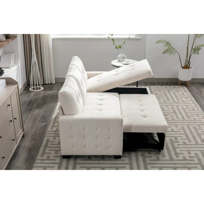 Divano letto componibile a 2 posti a L in velluto beige con chaise longue contenitore